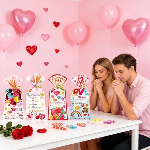 HOWAF Christian Valentine's Day Candy Bags Bulk, Bible Verse Valentines Cellophane Bags for Christian Candy Church Sunday School Supplies, Inspirational Jesus Loves You Gift Bags with Twist Ties for Religious Valentin's Day Favors in Saudi Arabia