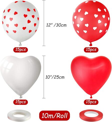 MIAHART 60 Pack Heart Balloons Decorations Kit for Valentine's Day, Wedding, Birthday Party, etc. 60 Pcs Heart Balloons, 4 Ribbons. Red, White. 12 Inch/30cm, 10 Inch/25cm. Latex. Unisex. All Ages. in Saudi Arabia