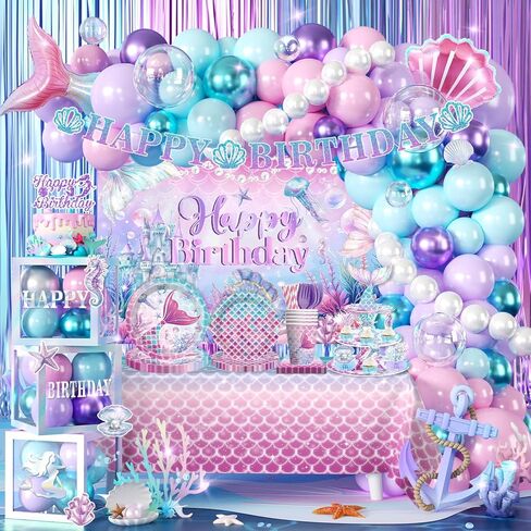 295Pcs Mermaid Birthday Decorations Serve 25, Mermaid Party Decorations Include Balloon Garland Arch, Plates, Tablecloth, Cake Topper, Cupcake Stand, Cupcake Toppers, for Under The Sea Party in Saudi Arabia