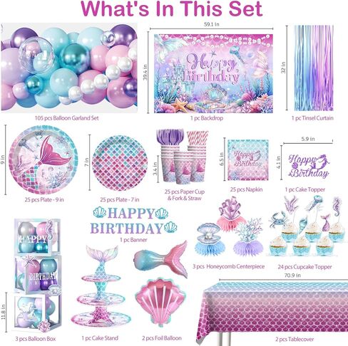 295Pcs Mermaid Birthday Decorations Serve 25, Mermaid Party Decorations Include Balloon Garland Arch, Plates, Tablecloth, Cake Topper, Cupcake Stand, Cupcake Toppers, for Under The Sea Party in Saudi Arabia