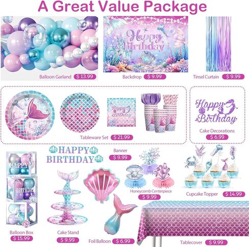295Pcs Mermaid Birthday Decorations Serve 25, Mermaid Party Decorations Include Balloon Garland Arch, Plates, Tablecloth, Cake Topper, Cupcake Stand, Cupcake Toppers, for Under The Sea Party in Saudi Arabia