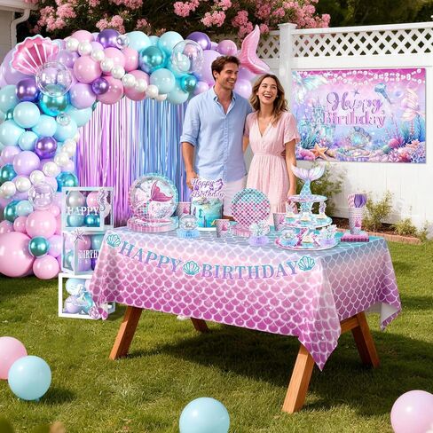 295Pcs Mermaid Birthday Decorations Serve 25, Mermaid Party Decorations Include Balloon Garland Arch, Plates, Tablecloth, Cake Topper, Cupcake Stand, Cupcake Toppers, for Under The Sea Party in Saudi Arabia