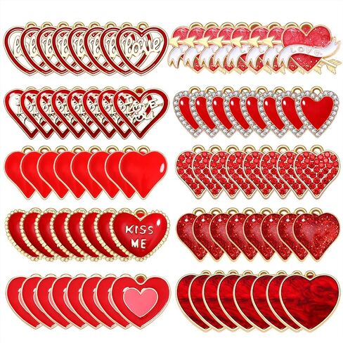 40-80PCS Valentine's Day Heart Charms for Jewelry Making Assorted Enamel Rhinestone Heart Pendant Charms for Necklace Bracelet Making DIY Crafts Valentine's Day Gifts in Saudi Arabia