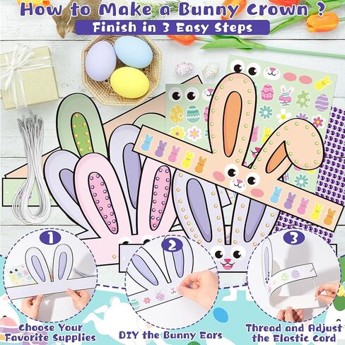 CY2SIDE Easter Bunny Ears Headbands Craft Kit - 24PCS Make Your Own Rabbit Paper Crowns with Diamond Stickers for Kids DIY Easter Party Favors, Home School Supplies, Classroom Egg Hunt Accessories in Saudi Arabia