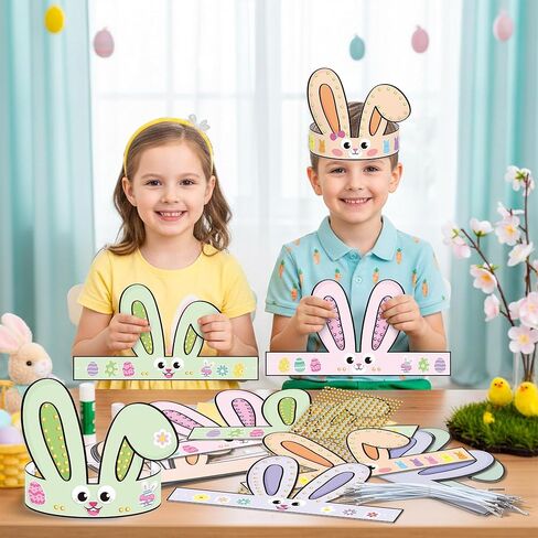 CY2SIDE Easter Bunny Ears Headbands Craft Kit - 24PCS Make Your Own Rabbit Paper Crowns with Diamond Stickers for Kids DIY Easter Party Favors, Home School Supplies, Classroom Egg Hunt Accessories in Saudi Arabia