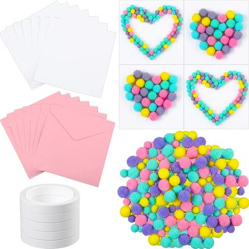 Motipuns 24 Pack DIY Heart Card Craft Making Kit Holiday Blank Card Envelopes with 1200 Colorful Pom Poms Balls Decor for Exchange Party Greeting Gift Scrapbook Supplies(Pink, Red, White) in Saudi Arabia
