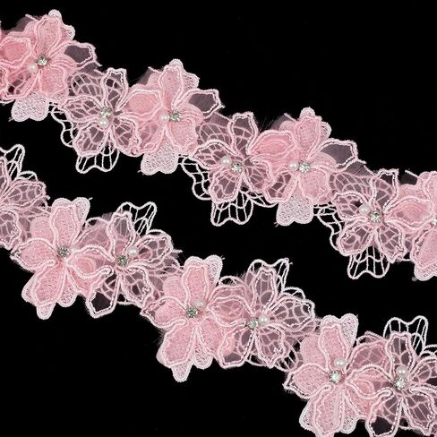 2 Yards 3D Pearl Flower Lace Trim, Pink Lace Ribbon Flower Applique, Pink Embroidered Appliques Embellishments for DIY Sewing Crafts Wedding Dress Home Decor in Saudi Arabia