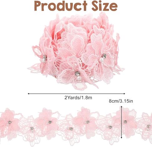 2 Yards 3D Pearl Flower Lace Trim, Pink Lace Ribbon Flower Applique, Pink Embroidered Appliques Embellishments for DIY Sewing Crafts Wedding Dress Home Decor in Saudi Arabia