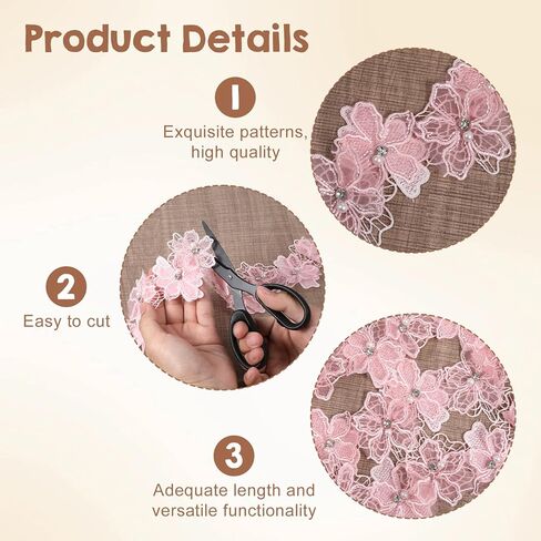 2 Yards 3D Pearl Flower Lace Trim, Pink Lace Ribbon Flower Applique, Pink Embroidered Appliques Embellishments for DIY Sewing Crafts Wedding Dress Home Decor in Saudi Arabia