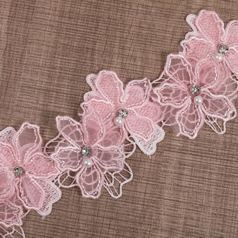 2 Yards 3D Pearl Flower Lace Trim, Pink Lace Ribbon Flower Applique, Pink Embroidered Appliques Embellishments for DIY Sewing Crafts Wedding Dress Home Decor in Saudi Arabia