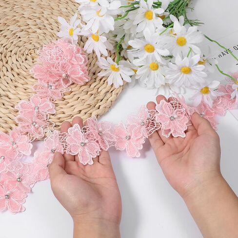 2 Yards 3D Pearl Flower Lace Trim, Pink Lace Ribbon Flower Applique, Pink Embroidered Appliques Embellishments for DIY Sewing Crafts Wedding Dress Home Decor in Saudi Arabia