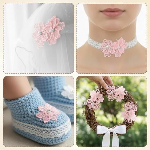 2 Yards 3D Pearl Flower Lace Trim, Pink Lace Ribbon Flower Applique, Pink Embroidered Appliques Embellishments for DIY Sewing Crafts Wedding Dress Home Decor in Saudi Arabia