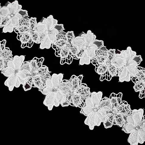 2 Yards 3D Pearl Flower Lace Trim, Pink Lace Ribbon Flower Applique, Pink Embroidered Appliques Embellishments for DIY Sewing Crafts Wedding Dress Home Decor in Saudi Arabia