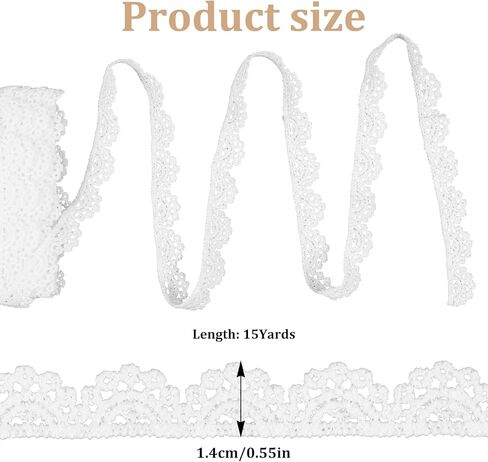 15 Yards White Lace Ribbon, Crocheted Lace Trim for Sewing, Vintage Scalloped Edge Lac Ribbons for Crafts, Gift Wrapping, DIY Sew Making, Bridal Christmas Supply, Wedding Bouquet (0.55" Wide) in Kuwait