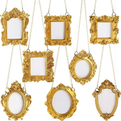 Chunful 8 Pcs Vintage Small Gold Resin Picture Frame Mini Antique Photo Frame Tiny Vintage Baroque Resin Oval Rectangle Hanging Ornament with Back and Chain for Home Wedding Holiday Decor in Saudi Arabia