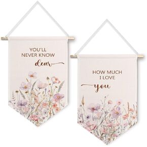 ChissNook Wildflower Nursery Canvas Banner Set of 2, You 'll Never Know Dear How Much I Love You Hanging Pennant Banner Flags Wall Display, Nursery Wall Decor for Baby Girls Room Bedroom Playroom in Kuwait