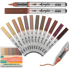 Brown Acrylic Paint Markers Pens 12 Color Creative Marker Set with Soft Brush Tip Blendable, Water-Based Formula for Paper, Wood, Ceramic, Glass, Rock, Canvas, Metal, Ideal for DIY Crafts in Saudi Arabia