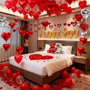 54 قطعة من بالونات القلب I Love You Valentine Valentine مع 50 شنق 1000 من الحرير الوردي الدب على شكل قلب بالونات حمراء رومانسية ليلة الزفاف الذكرى السنوية للديكور ديكور عيد الحب in Kuwait
