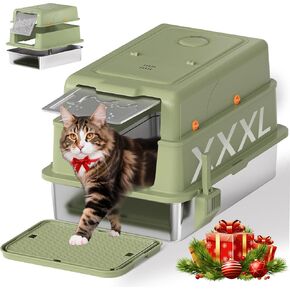 صندوق فضلات القطط Homegroove XXXL من الفولاذ المقاوم للصدأ مع غطاء، صندوق فضلات القطط الكبير جدًا مقاس 28 × 20 × 18 بوصة مع مغرفة فضلات ودواسة، وعاء فضلات القطط المعدني المغلق للقطط الكبيرة والمتعددة، مضاد للتسرب (رمادي) in Kuwait