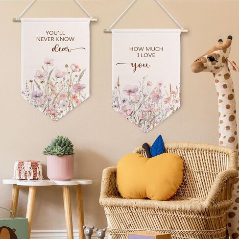 مجموعة لافتة قماشية لحضانة ChissNook Wildflower مكونة من 2، لن تعرف أبدًا عزيزي كم أحبك، لافتة راية معلقة على الحائط، ديكور جدار الحضانة للأطفال البنات، غرفة النوم، غرفة اللعب in Kuwait