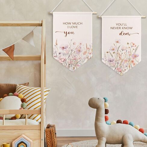 مجموعة لافتة قماشية لحضانة ChissNook Wildflower مكونة من 2، لن تعرف أبدًا عزيزي كم أحبك، لافتة راية معلقة على الحائط، ديكور جدار الحضانة للأطفال البنات، غرفة النوم، غرفة اللعب in Kuwait