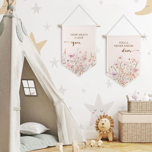 مجموعة لافتة قماشية لحضانة ChissNook Wildflower مكونة من 2، لن تعرف أبدًا عزيزي كم أحبك، لافتة راية معلقة على الحائط، ديكور جدار الحضانة للأطفال البنات، غرفة النوم، غرفة اللعب in Kuwait