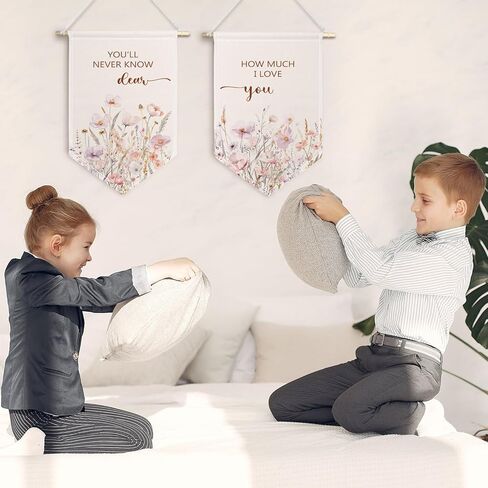 مجموعة لافتة قماشية لحضانة ChissNook Wildflower مكونة من 2، لن تعرف أبدًا عزيزي كم أحبك، لافتة راية معلقة على الحائط، ديكور جدار الحضانة للأطفال البنات، غرفة النوم، غرفة اللعب in Kuwait