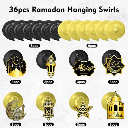 36 قطعة من ديكورات رمضان، دوامات من رقائق السقف لعيد مبارك، ديكورات إسلامية للسقف الإسلامي، ديكورات معلقة من رقائق معدنية متدلية، لوازم الحفلات، ديكورات رمضان للمنزل in Saudi Arabia