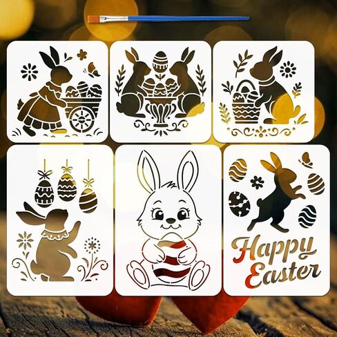 FINGERINSPIRE 6Pcs Easter Rabbit and Egg Stencils with a Brush 2Sizes Rabbit Painting Stencils PET Egg Pattern Stencil Easter Themes Template for Wood Floor Tile Wall DIY(7.9x7.9inch/11.7x8.3inch) in Saudi Arabia