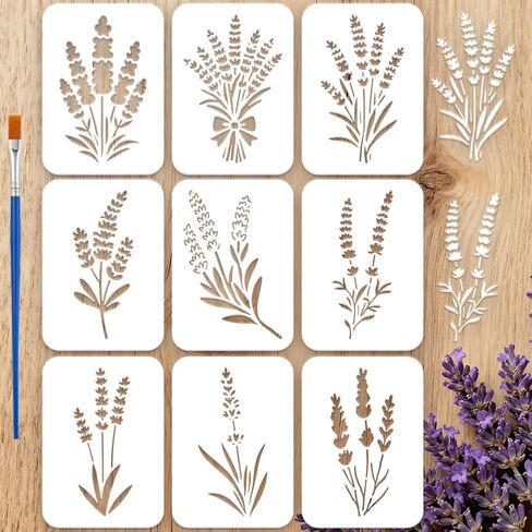 FINGERINSPIRE 9Pcs Lavender Silhouette Painting Stencil with Paintbrush 5.8x4.1inch Reusable Plastic Wall Stencils Template Beautiful Lavender Flower Pattern Stencils for DIY Craft and Home Decor in Saudi Arabia