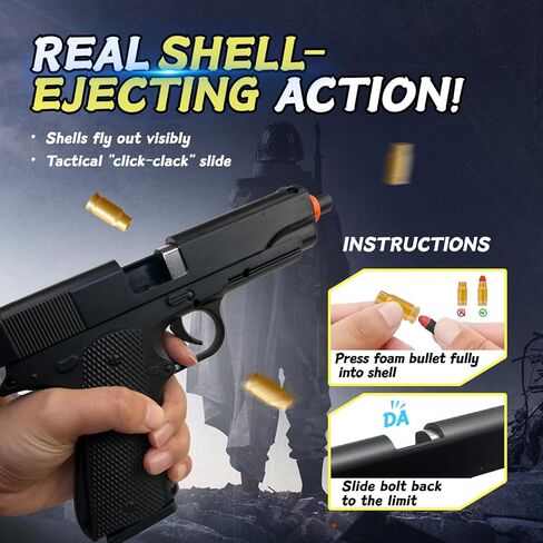 Kids Safe Foam Blaster Pistol - Shell Ejecting Toy Gun with 50 Soft Bullets & 40 Reusable Shells - Shoots 32 Feet - Easy Load Design for Ages 6+ - Outdoor Backyard Adventure Gift for Boys Girls in Saudi Arabia