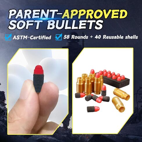 Kids Safe Foam Blaster Pistol - Shell Ejecting Toy Gun with 50 Soft Bullets & 40 Reusable Shells - Shoots 32 Feet - Easy Load Design for Ages 6+ - Outdoor Backyard Adventure Gift for Boys Girls in Saudi Arabia