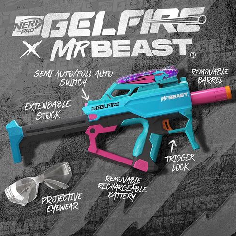 مسدس NERF Pro Gelfire X MrBeast Full Auto Blaster و20,000 طلقة جل فاير، 300 قادوس دائري، بطارية قابلة لإعادة الشحن، نظارات، للأعمار من 14 عامًا فما فوق in Saudi Arabia