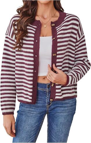 GORGLITTER Women's Striped Button Up Sweater Cardigan Dressy Casual Long Sleeve Crewneck Fall Knitwear Tops in Saudi Arabia