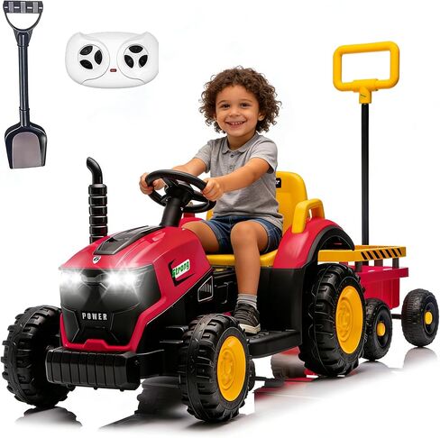 Kids Ride On Tractor with Detachable Trailer,12V Powered Children's Farm Tractor Toy Car with Remote Control, LED Lights, Music, Radio,Bluetooth & Horn,Electric Car for Kids Age 3-6(Red) in Saudi Arabia