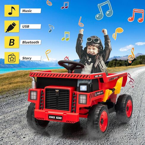 12V Ride On Dump Truck for Kids Electric Ride On Car Toy Toddlers 4 Wheeler Construction Vehicles with Remote Control, Dump Bed, Shovel, LED Lights, Music, for Kids 3-8, Red in Saudi Arabia
