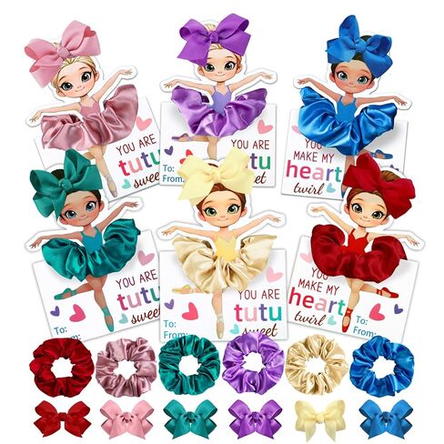 Valentines Day Gifts for Kids,24 Pack Ballerina Cards With Hair Scrunchies Bow Clips Hair Accessories Set Valentines Day Dance Recital Prizes Girls Classrooms Exchange Gifts Party Favor in Saudi Arabia