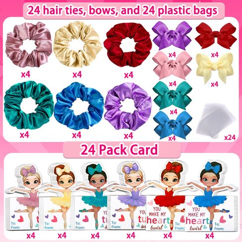 Valentines Day Gifts for Kids,24 Pack Ballerina Cards With Hair Scrunchies Bow Clips Hair Accessories Set Valentines Day Dance Recital Prizes Girls Classrooms Exchange Gifts Party Favor in Saudi Arabia