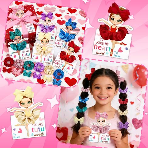 Valentines Day Gifts for Kids,24 Pack Ballerina Cards With Hair Scrunchies Bow Clips Hair Accessories Set Valentines Day Dance Recital Prizes Girls Classrooms Exchange Gifts Party Favor in Saudi Arabia