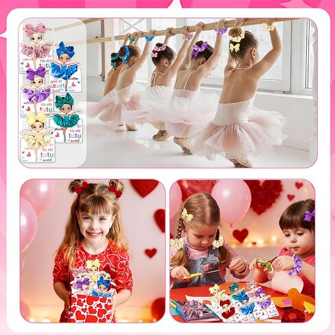 Valentines Day Gifts for Kids,24 Pack Ballerina Cards With Hair Scrunchies Bow Clips Hair Accessories Set Valentines Day Dance Recital Prizes Girls Classrooms Exchange Gifts Party Favor in Saudi Arabia