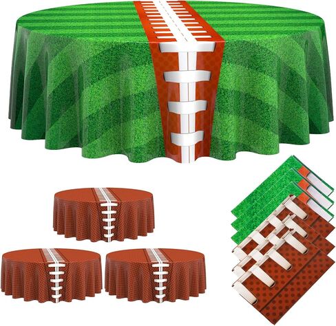 Oudain 6 Pcs Round Football Themed Tablecloths 84 Inch Football Field Tablecloth Green Grass Table Cover Plastic Sports Tablecloths Disposable Brown Ball Tablecloth for Birthday Party Supplies in Saudi Arabia