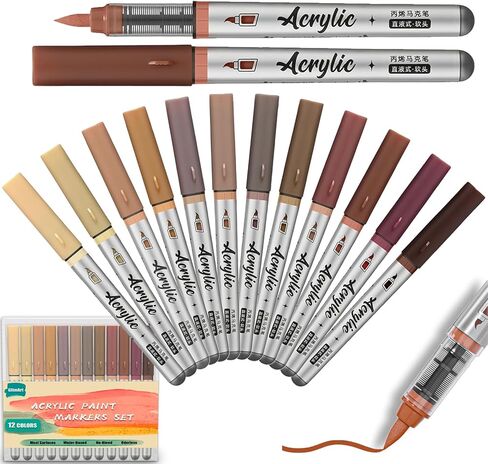 Brown Acrylic Paint Markers Pens 12 Color Creative Marker Set with Soft Brush Tip Blendable, Water-Based Formula for Paper, Wood, Ceramic, Glass, Rock, Canvas, Metal, Ideal for DIY Crafts in Saudi Arabia