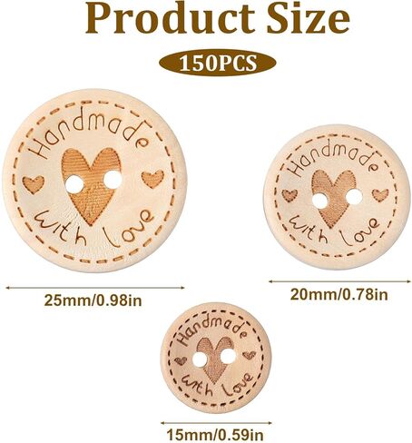 150 PCS Wooden Buttons for Crafts Handmade with Love Buttons 3 Size Craft Decor Wood Button for Sewing,Crafting, DIY Clothing Embellishment Accessories 2 Hole in Kuwait