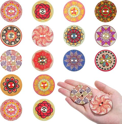30Pcs 2" Large Wooden Buttons for Crafts Decorative 2 Hole Buttons for Clothes Big Wood Button 2 Inch Round Giant Jumbo Wooden Button for Sewing, 50mm Diameter, Mixed Pattern in Saudi Arabia