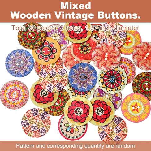 30Pcs 2" Large Wooden Buttons for Crafts Decorative 2 Hole Buttons for Clothes Big Wood Button 2 Inch Round Giant Jumbo Wooden Button for Sewing, 50mm Diameter, Mixed Pattern in Saudi Arabia