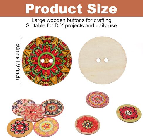 30Pcs 2" Large Wooden Buttons for Crafts Decorative 2 Hole Buttons for Clothes Big Wood Button 2 Inch Round Giant Jumbo Wooden Button for Sewing, 50mm Diameter, Mixed Pattern in Saudi Arabia