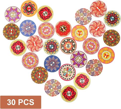 30Pcs 2" Large Wooden Buttons for Crafts Decorative 2 Hole Buttons for Clothes Big Wood Button 2 Inch Round Giant Jumbo Wooden Button for Sewing, 50mm Diameter, Mixed Pattern in Saudi Arabia