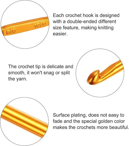 Double End Crochet Hooks 2/0 to 10/0 Aluminum Golden Tone Knitting Needles Crocheting Stitch for DIY Weave Craft Yarn 10Pcs in Saudi Arabia