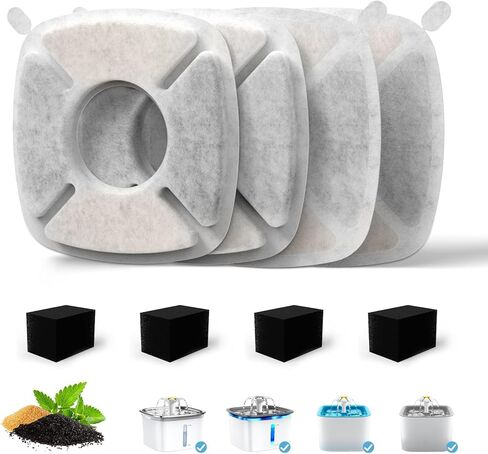 Cat Water Fountain Filter Pet Drinking Fountain Filter, Compatible with 67/95/135/85oz Automatic Pet Dispenser, Triple Filtration Dog Fountain Filter, 4 Pack (4 Carbon Filters+4 Sponge Filters) in Kuwait