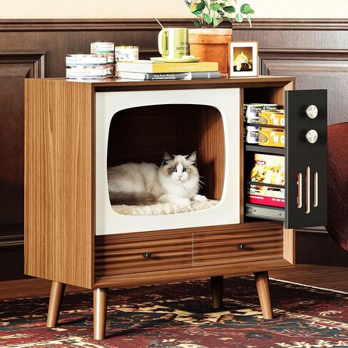 IRONCK بيت القطط للداخلية، شقة خشبية عتيقة على شكل تلفزيون مع أدراج، أثاث للقطط وطاولة جانبية لغرفة المعيشة وتزيين غرفة النوم، خشب الجوز in Kuwait